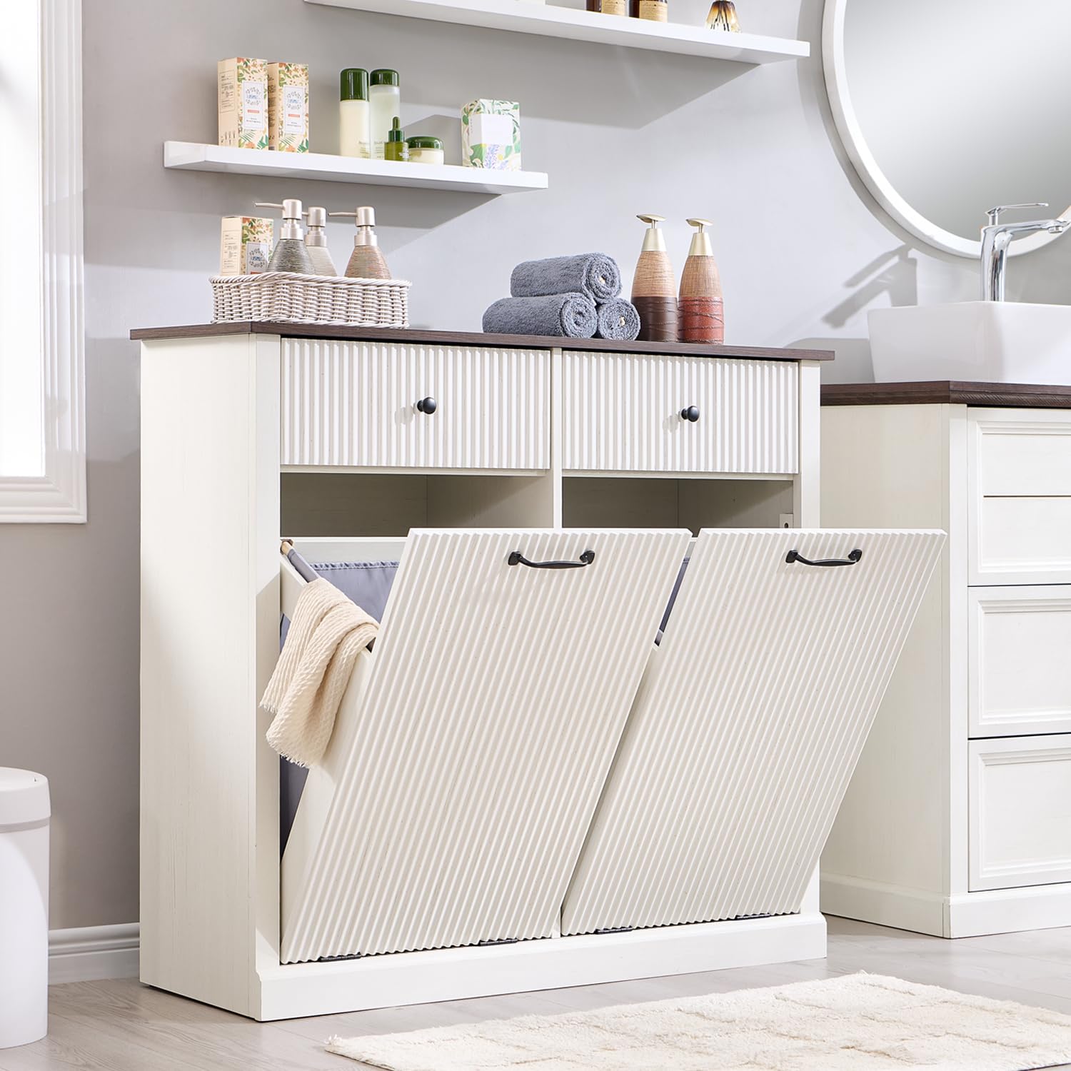 Modern Double Tilt-Out Trash Cabinet, 20 Gallon Fluted Laundry Hamper Cabinet w/2 Drawers, Wooden Hidden Garbage Can Cabinets with Storage Basket,Free Standing for Kitchen & Living Room, White - NestledHome