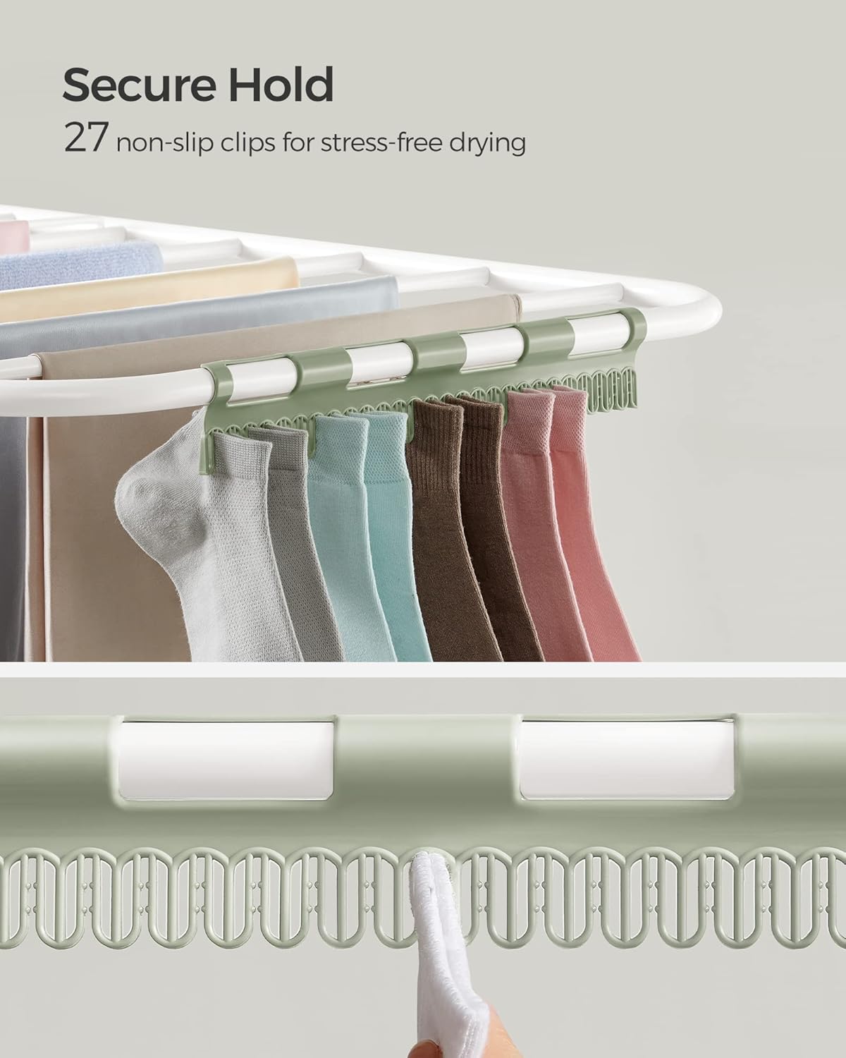 SONGMICS Clothes Drying Rack, Foldable 2-Level Laundry Drying Rack, Free-Standing Laundry Airer, with Height-Adjustable Wings, 33 Drying Rails, Sock Clips, White and Green ULLR053C01V1 - NestledHome