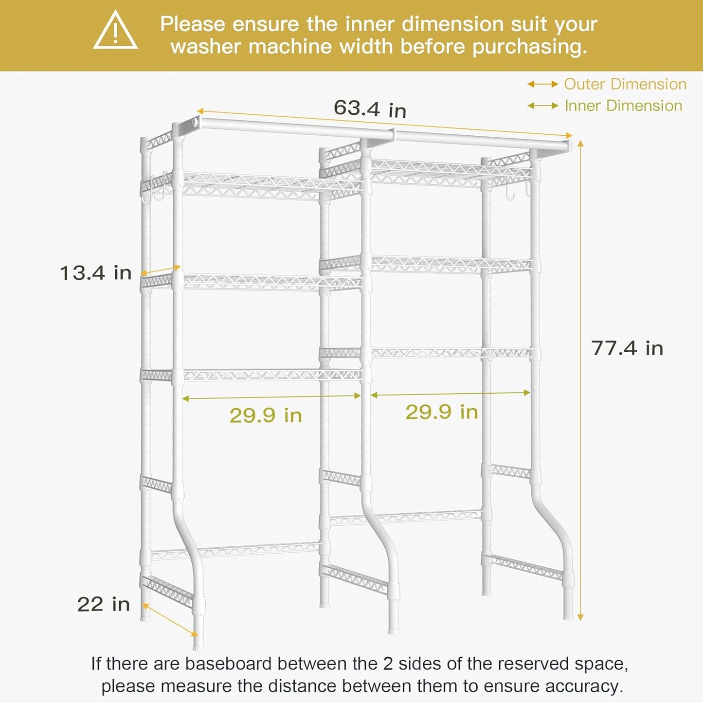 Ulif U13 Over Washer and Dryer Storage Shelves, 6 Tiers Laundry Room Standing Shelf with 2 Hanger Rods, Space Saver Clothes Drying Rack, 63.4" W x 22" D x 77.4" H, White - NestledHome