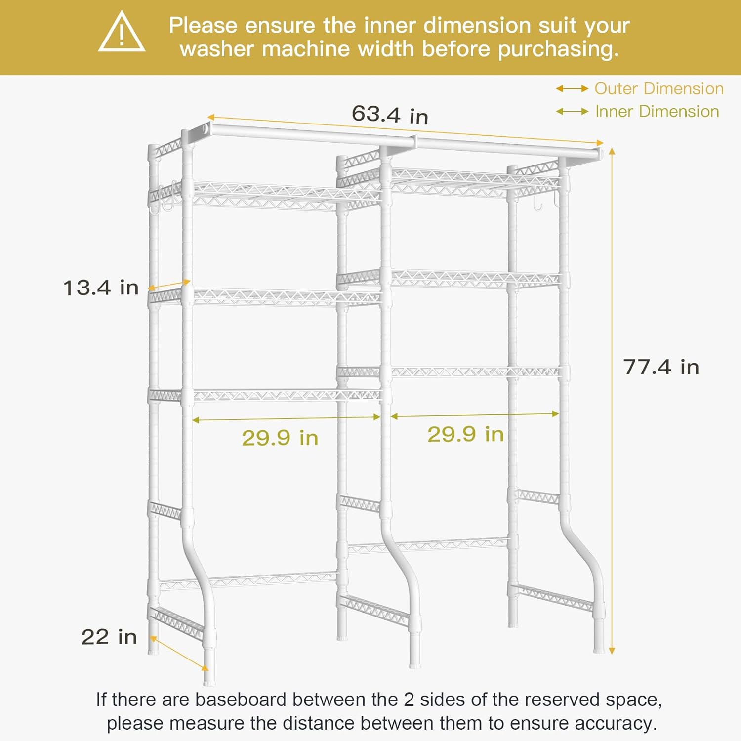Ulif U13 Over Washer and Dryer Storage Shelves, 6 Tiers Laundry Room Standing Shelf with 2 Hanger Rods, Space Saver Clothes Drying Rack, 63.4" W x 22" D x 77.4" H, White - NestledHome