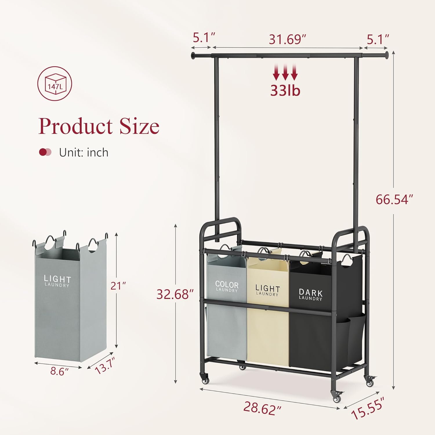 Tajsoon Laundry Sorter Cart with Hanging Clothes Rack, 3 Butler Sorter Basket Organizer, Laundry Hamper Cart with Heavy Duty Rolling Lockable Wheels, 3 Colors - NestledHome