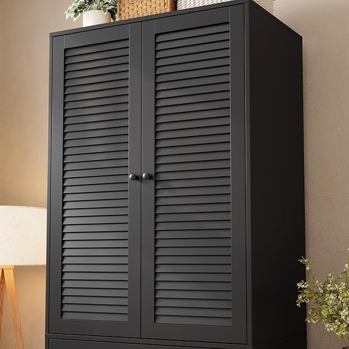 GarveeHome Armoire Wardrobe Closet with Drawers, 69.5 in Wooden Wardrobe Cabinet with Hanging Rod, 2 Doors Clothing Storage Cabinet for Bedroom, Large Capacity Storage, Louvered Door, Black