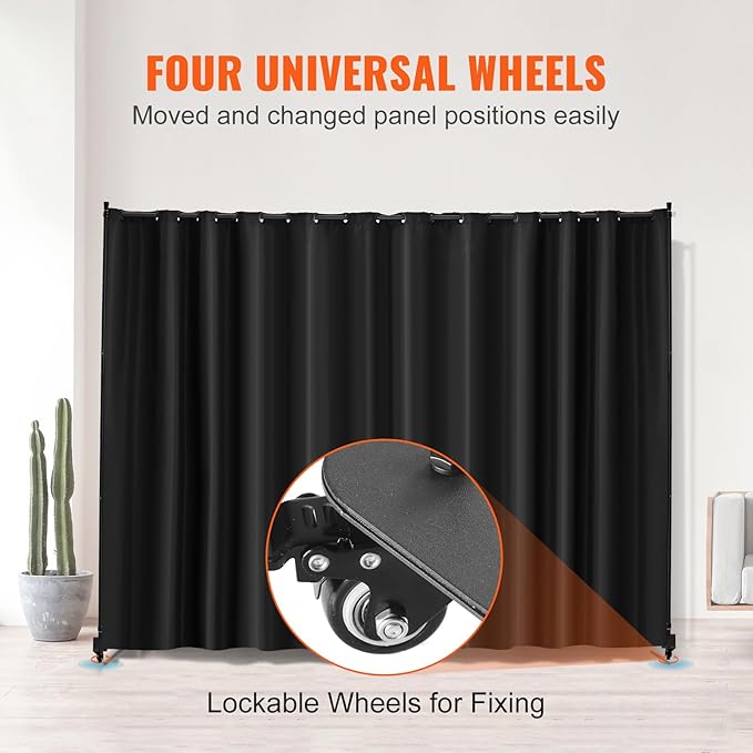 VEVOR Room Divider, Portable Panel Room Divider with Wheels Curtain Divider Stand, Freestanding Room Divider Privacy Screen for Office, Bedroom, Dining Room, Study, Black