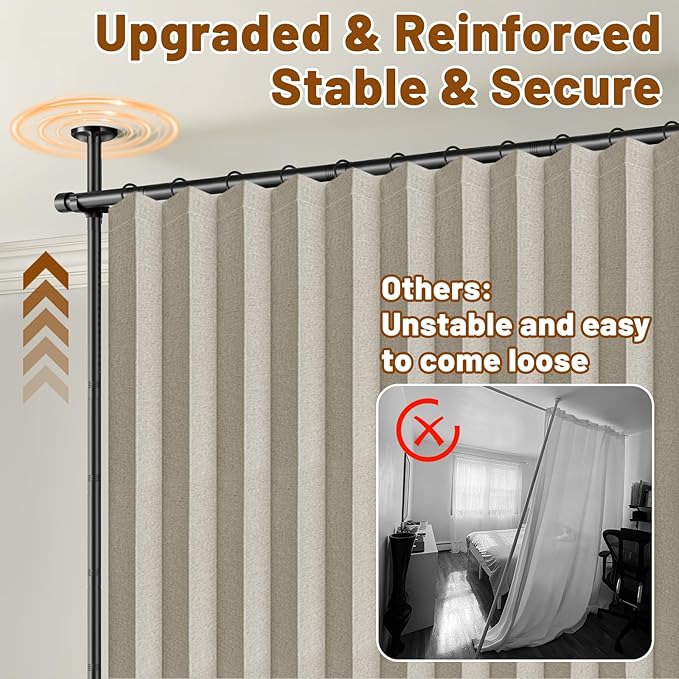 AJAZZ Room Divider Curtain (Cream White, W100 x L96 in,1 Panel)+ Curtain Rods No Drilling Adjustable Tension (H) 43-120×(W) 35-100 in, Heavy Duty Wall Divider for Apartment/Dorm