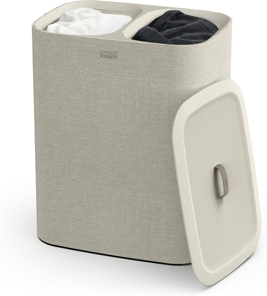 Joseph Joseph Tota 90 liter/23.8 gallon Laundry Hamper Separation Basket with lid, 2 Removable Washing Bags with Handles - Ecru - NestledHome