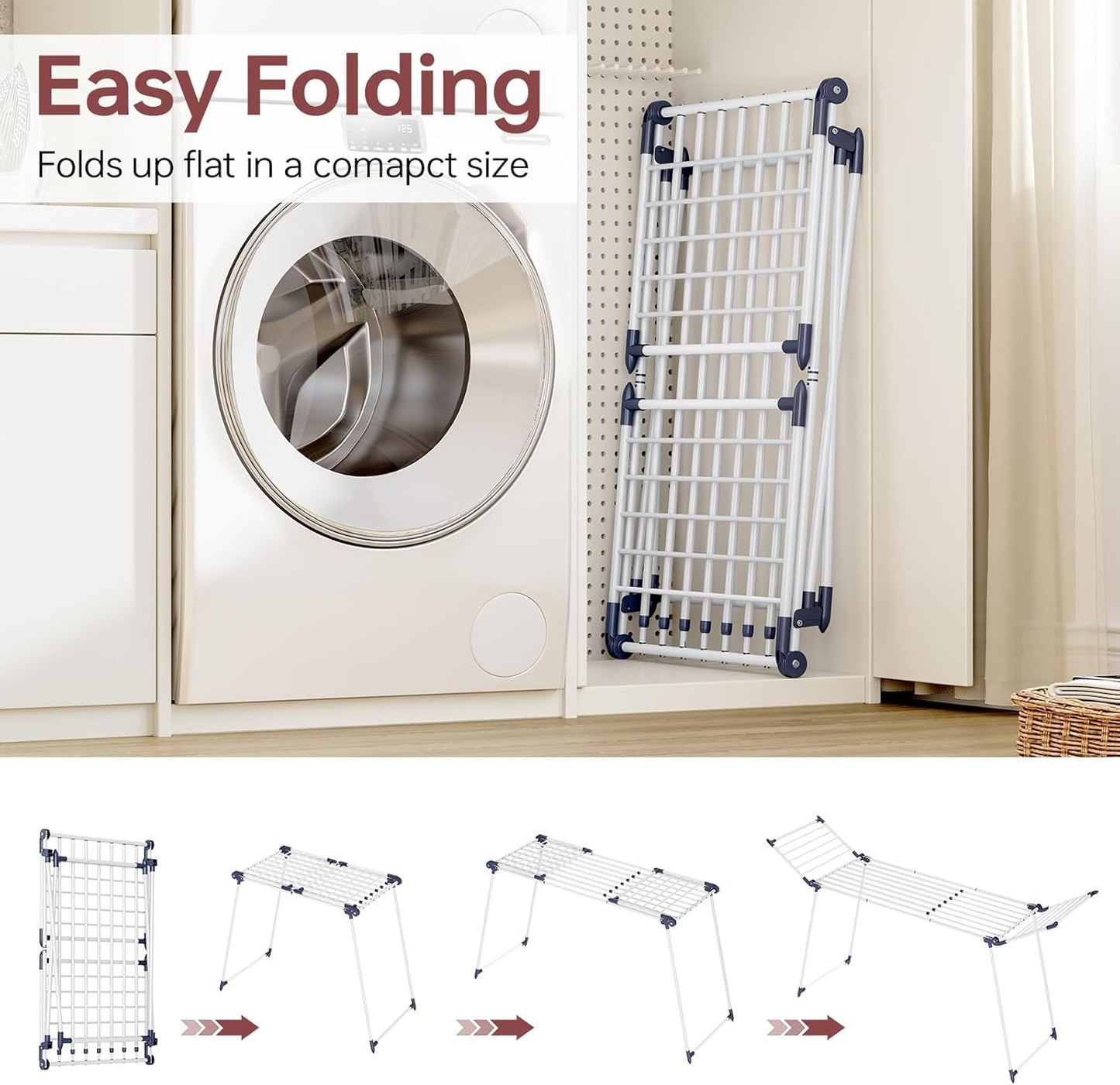 APEXCHASER Clothes Drying Rack Foldable, Large Drying Rack for Clothing Retractable, Winged Laundry Rack Folding Indoor Outdoor, Metal Clothes Airer for Bedding Towel Sweater Heavy Duty, White - NestledHome