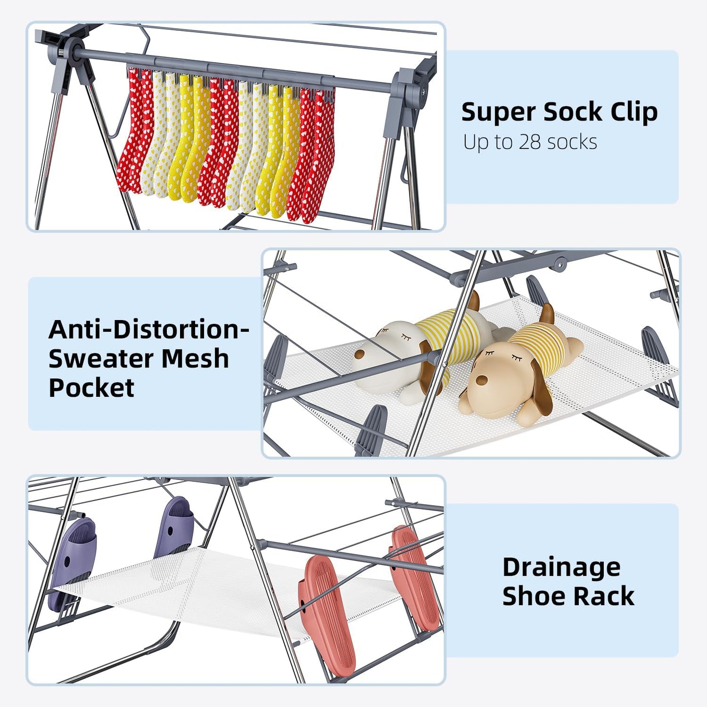 Clothes Drying Rack, Foldable 2-Level Laundry Racks for Drying Clothes Rack,Stainless Steel Drying Rack Clothing Collapsible for Indoor Outdoor,with Height-Adjustable Wings,33 Drying Rails,Gray - NestledHome