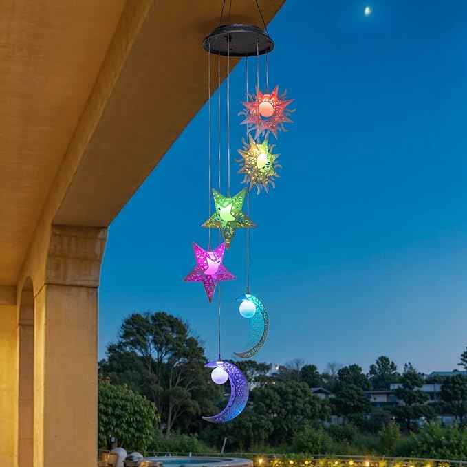 Tryme Solar Wind Chimes with Sun Moon Star Color Changing Windchimes, Outdoor Hanging Lights, Garden Decor Gifts for Mom, Grandma, Wife, Neighbors