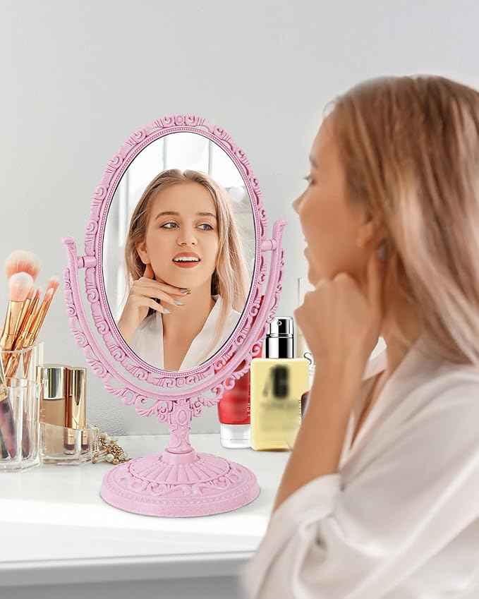XPXKJ Pink Vintage Vanity Mirror Shabby Chic Decor | 360° Rotating Double-Sided Table Makeup Mirror with Stand Bedroom Decoration Perfect for Tabletop, Desk, Or Makeup Station