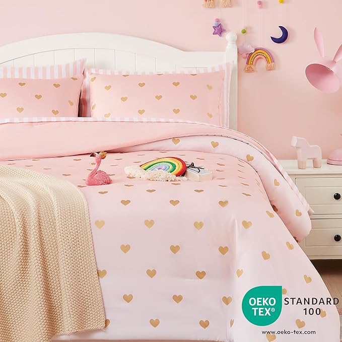 Queen Comforter Set with Sheets for Girls-7 Pieces Queen Bedding Sets with Pink Comforter, Sheets, Pillowcases & Shams for Kids (Pink Gold Heart, 90" X 90")