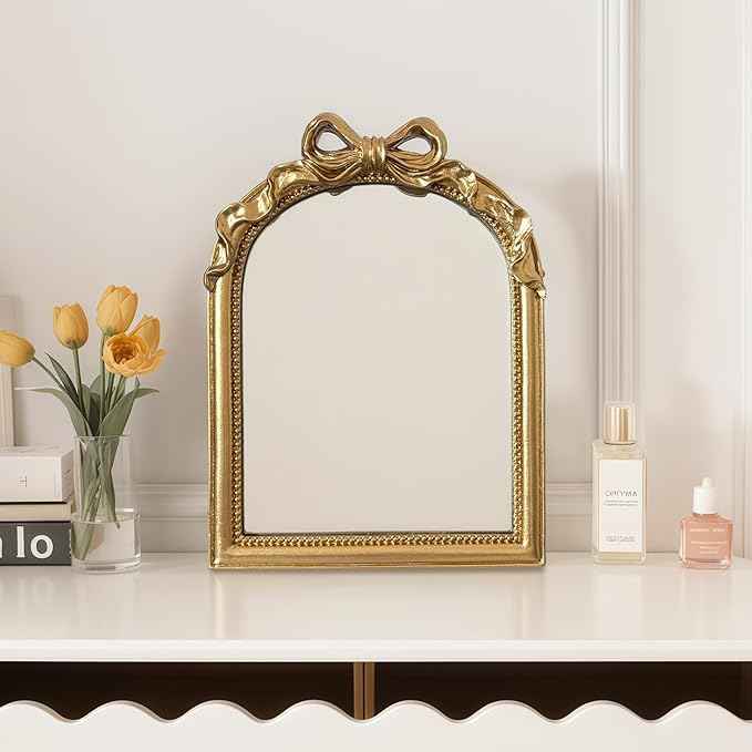 Vintage Vanity Desk Mirror - 13x10 Inch Wall-Mounted & Tabletop Decorative Ornate Gold Accent Retro Makeup Mirror for Bedroom Dresser Bathroom Living Room Dorm(Gold, 13" L x 10" W Bow)