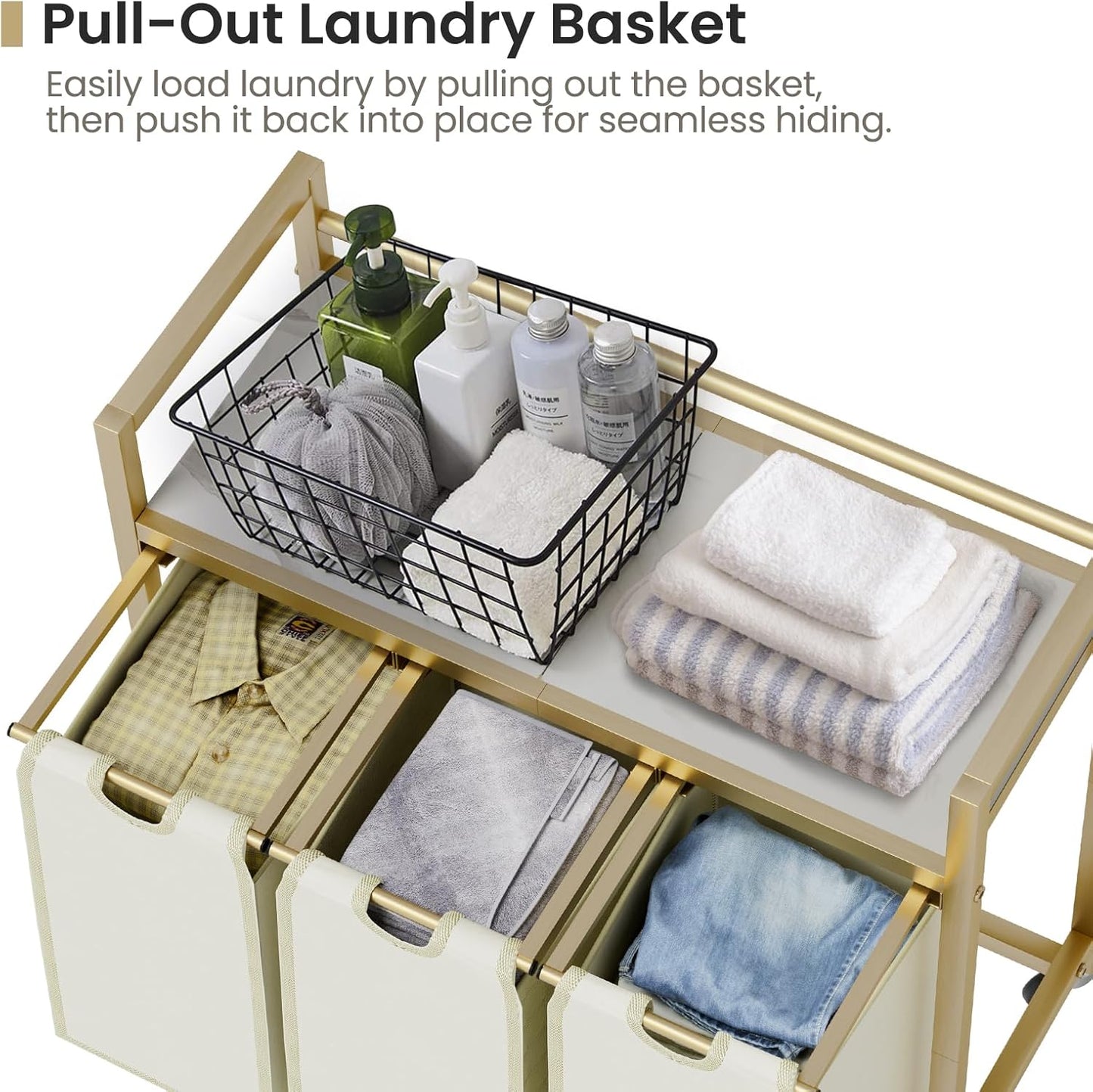 Laundry Hamper, Laundry Basket, Laundry Sorter with 3 Removable Bags, Clothes Basket with 3 Compartments, Wheels, Shelf for Laundry Room Bathroom Bedroom (3 Bags-Golden) - NestledHome