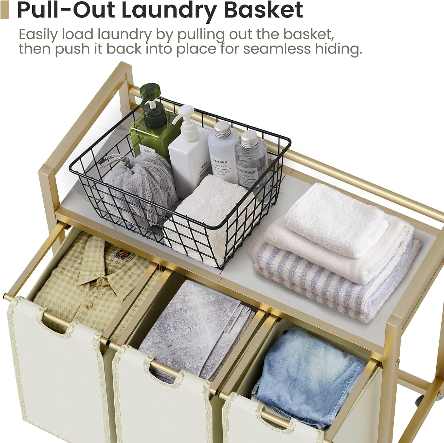 Laundry Hamper, Laundry Basket, Laundry Sorter with 3 Removable Bags, Clothes Basket with 3 Compartments, Wheels, Shelf for Laundry Room Bathroom Bedroom (3 Bags-Golden) - NestledHome