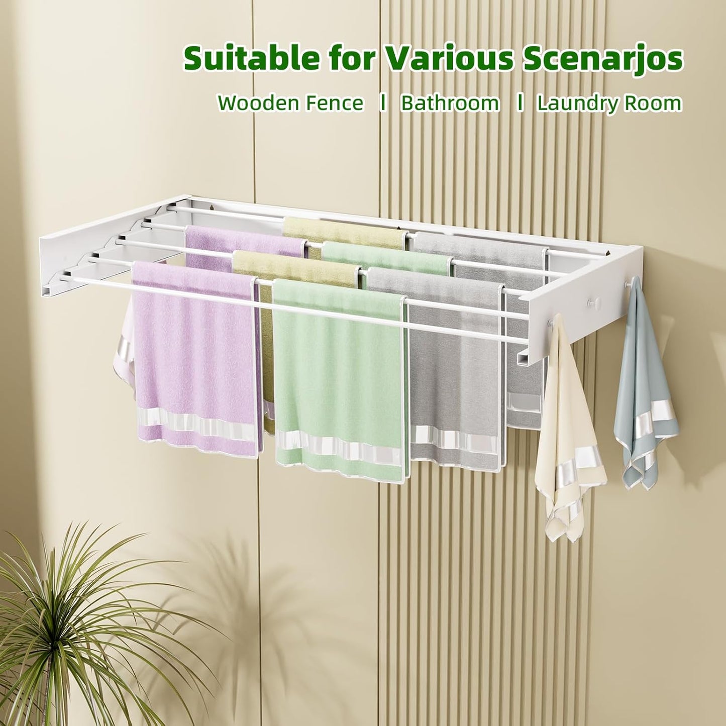 Wall Mounted Drying Rack for Laundry 31.5'', Folding Drying Rack Clothing Wall Mount with 5 Rods and 6 Hooks, Space Saving for Indoor Outdoor Bathroom Balcony (White, 31.5'') - NestledHome