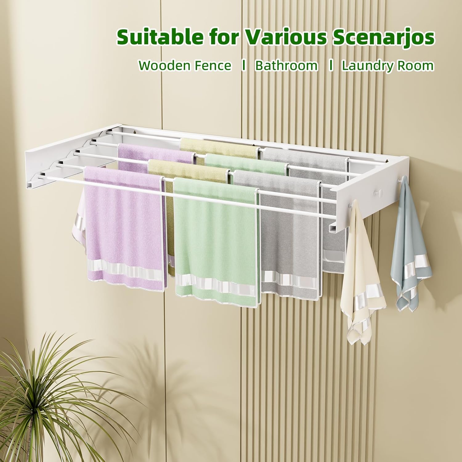 Wall Mounted Drying Rack for Laundry 31.5'', Folding Drying Rack Clothing Wall Mount with 5 Rods and 6 Hooks, Space Saving for Indoor Outdoor Bathroom Balcony (White, 31.5'') - NestledHome