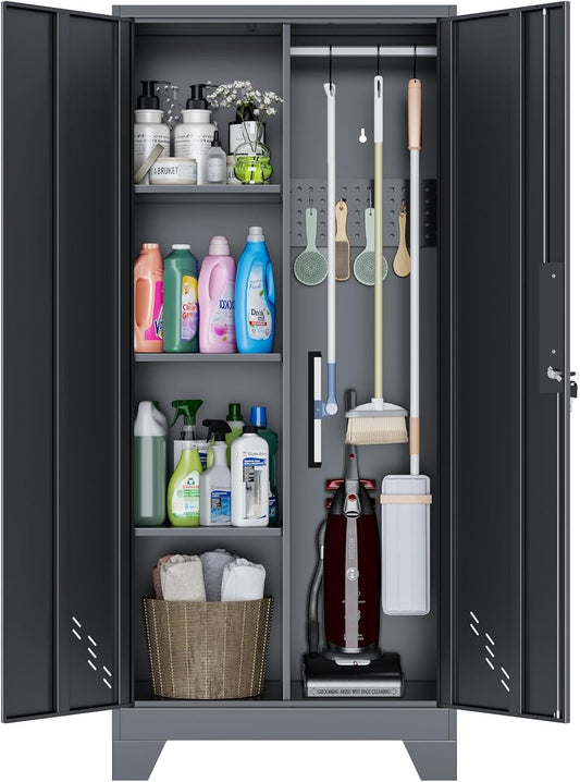 61" Broom Closet Storage Cabinet, Metal Storage Cabinet with Doors, Utility Cabinets for Brooms and Mops, Cleaning Tool Cabinets for Garage, Laundry Room, Bathroom - NestledHome