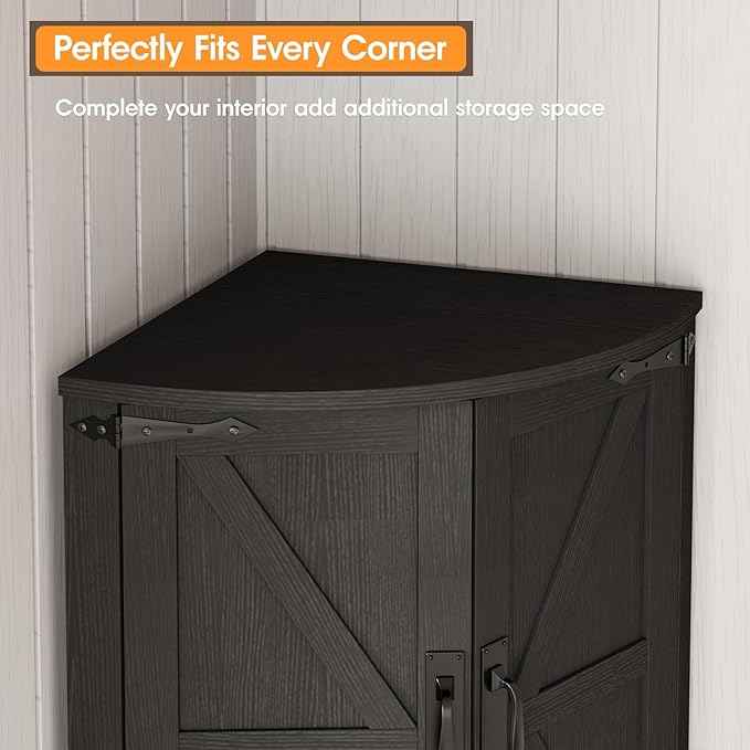 Vabches 64.8" Tall Farmhouse Corner Cabinet with 4 Doors and 5 Storage Shelves, Farmhouse Storage Cabinet with Barn Door Design, Home Space Saver for Living Room, Kitchen, Laundry Room,Black