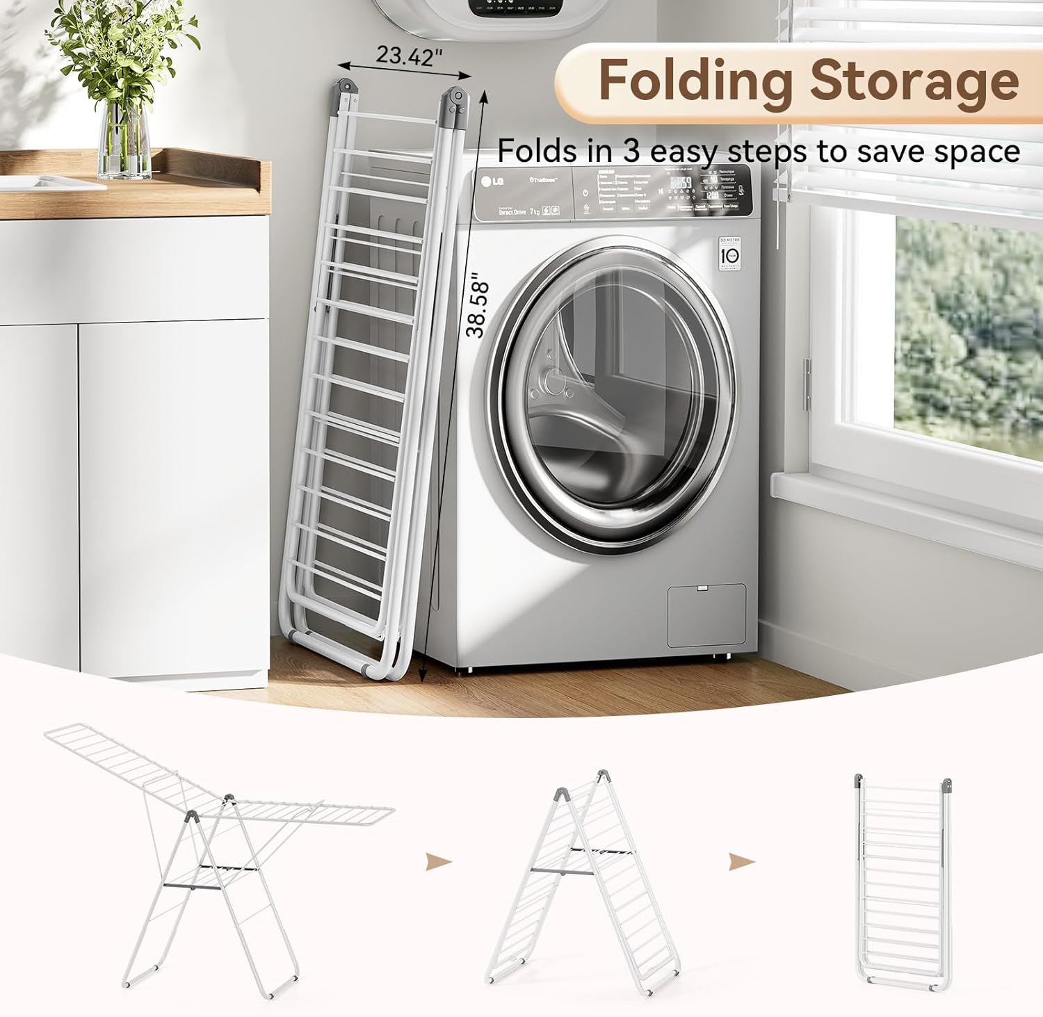 APEXCHASER Clothes Drying Rack, Foldable Drying Rack Clothing, Sturdy Metal Laundry Drying Rack, Height-Adjustable Gullwing, Easy to Fold, Space-Saving, for Indoor Outdoor, White - NestledHome