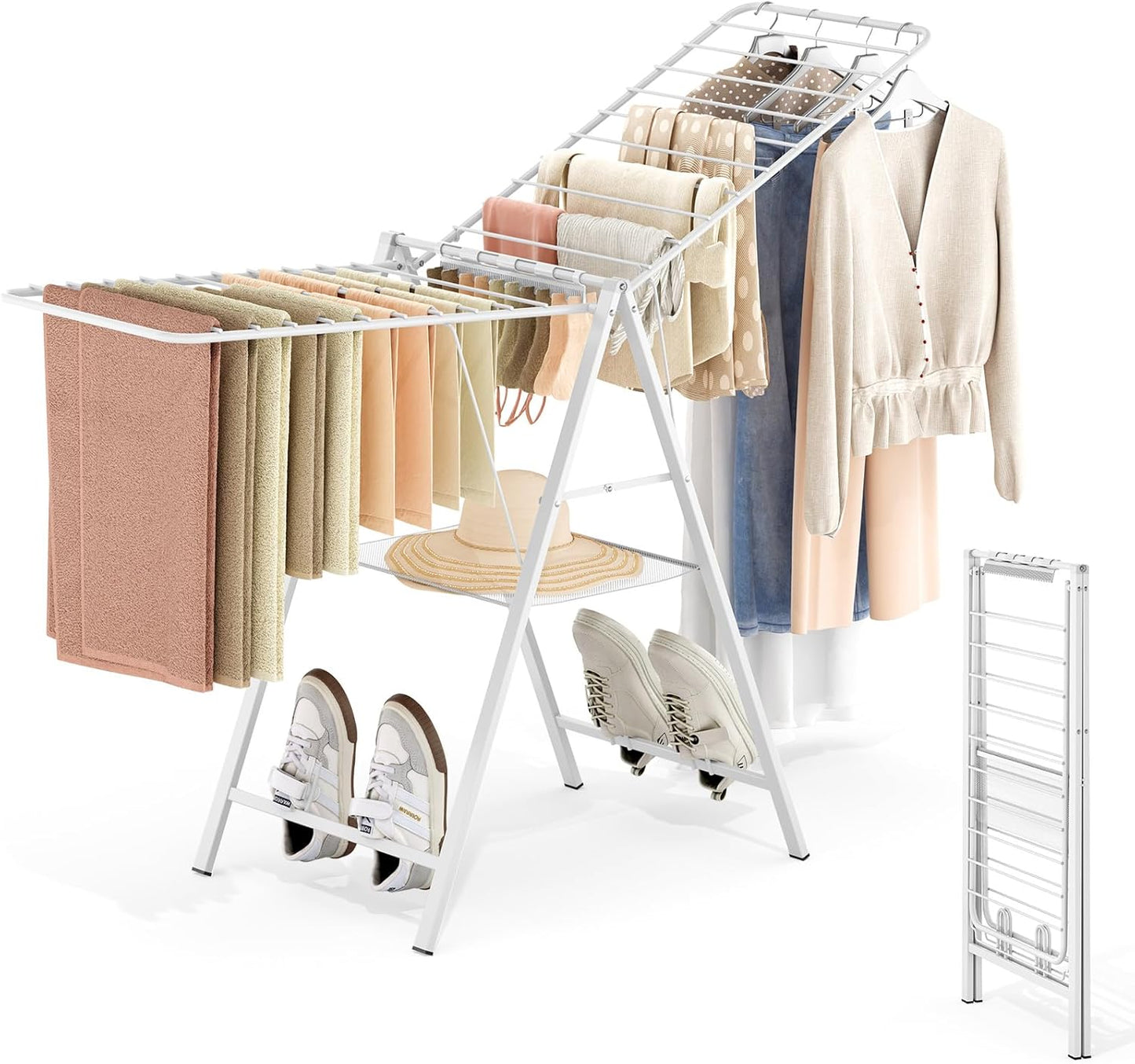 APEXCHASER Drying Rack for Clothing Foldable, Metal Laundry Rack Collapsible, Ultra Thin Gullwing Clothes Airer with Adjustable Height for Towel Baby Clothes Indoor Outdoor Laundry Room, White - NestledHome