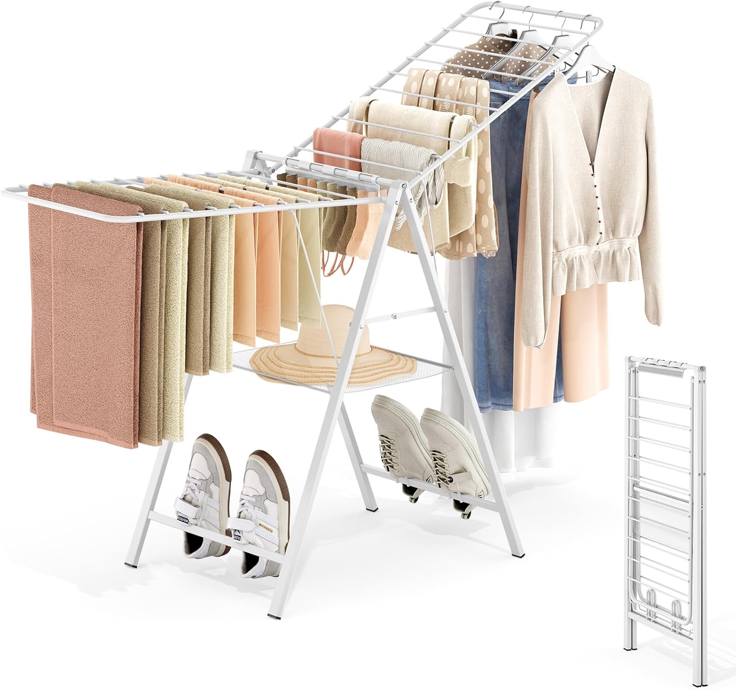 APEXCHASER Drying Rack for Clothing Foldable, Metal Laundry Rack Collapsible, Ultra Thin Gullwing Clothes Airer with Adjustable Height for Towel Baby Clothes Indoor Outdoor Laundry Room, White - NestledHome