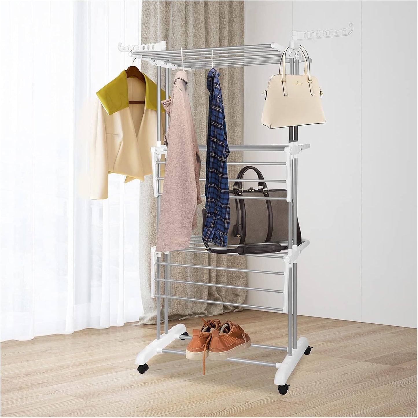 Bigzzia Clothes Drying Rack, Folding Stainless Steel Drying Rack Clothing Indoor Outdoor, Space-Saving, 4 Tier Laundry Drying Rack with Two Side Wings -Grey White - NestledHome