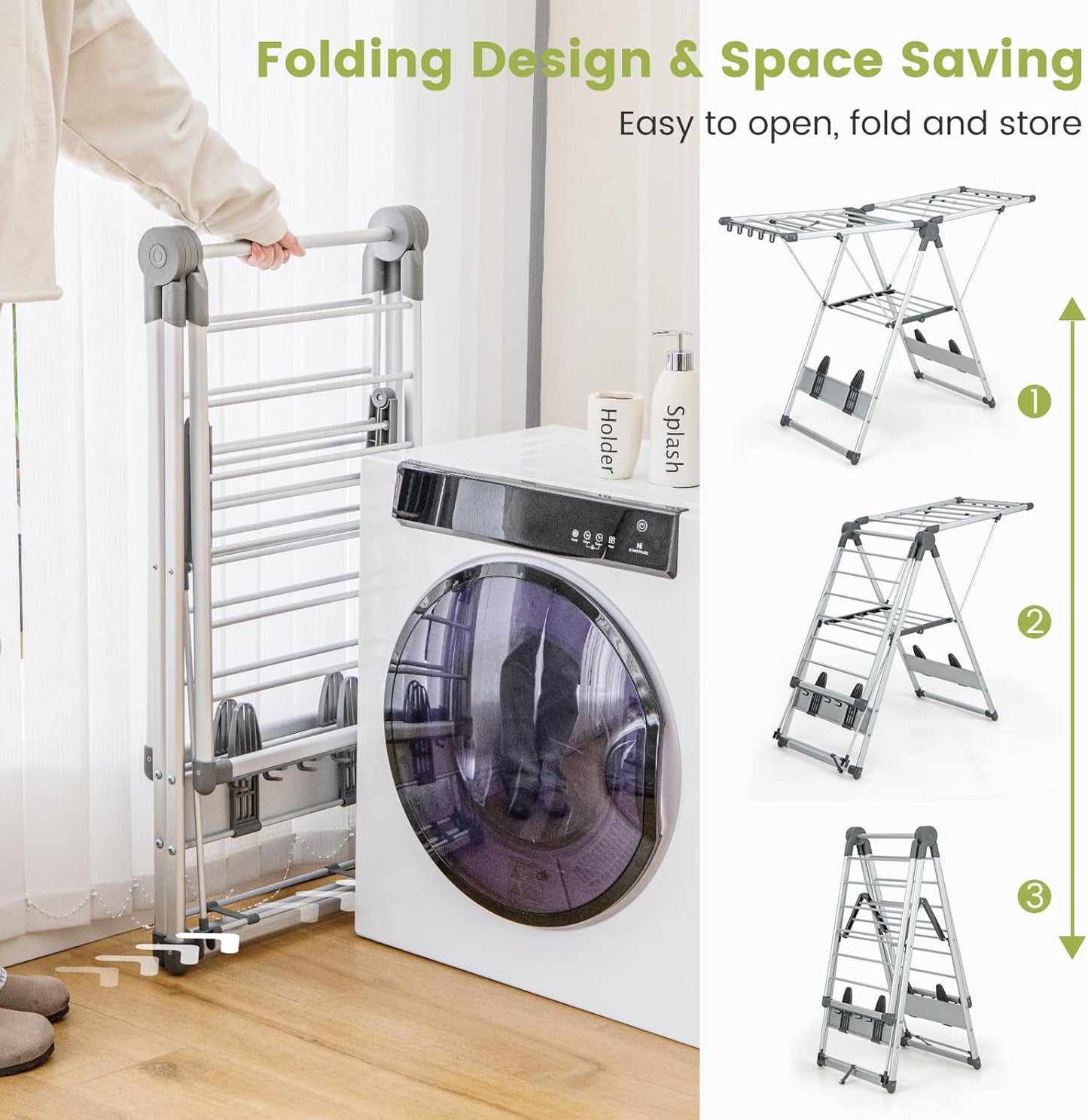 Giantex Clothes Drying Rack, 2-Layer Aluminum Foldable Laundry Drying Rack with 5-Level Adjustable Height, 21 Drying Rails, 10 Side Clips, 4 Shoe Holders, Space Saving Collapsible Laundry Drying Rack - NestledHome