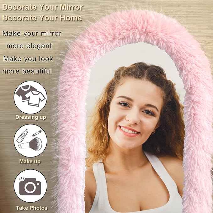 Fluffy Mirror Cover - 59"x16" Full Length Stretch Universal Ultra Soft Non-Slip Cover Warm Home Decor for Bedroom Cloakroom (Light Pink-Without Mirror, Suitable for 59"×16")