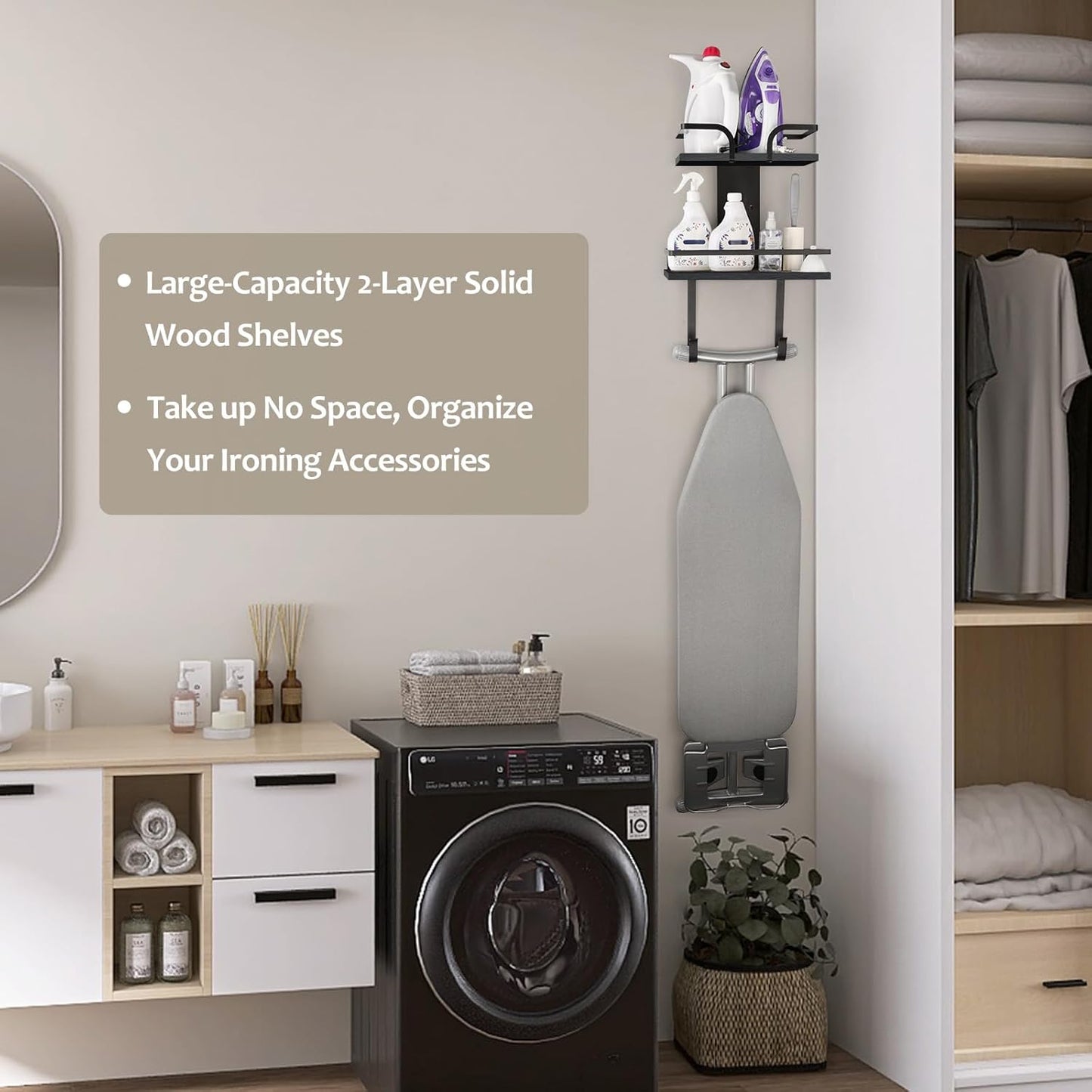 VINAEMO Ironing Board Hanger Wall Mount, 2-Layer Iron and Ironing Board Holder, Laundry Room Shelves Solid Wood with Removable Hooks Home Organization and Storage - NestledHome