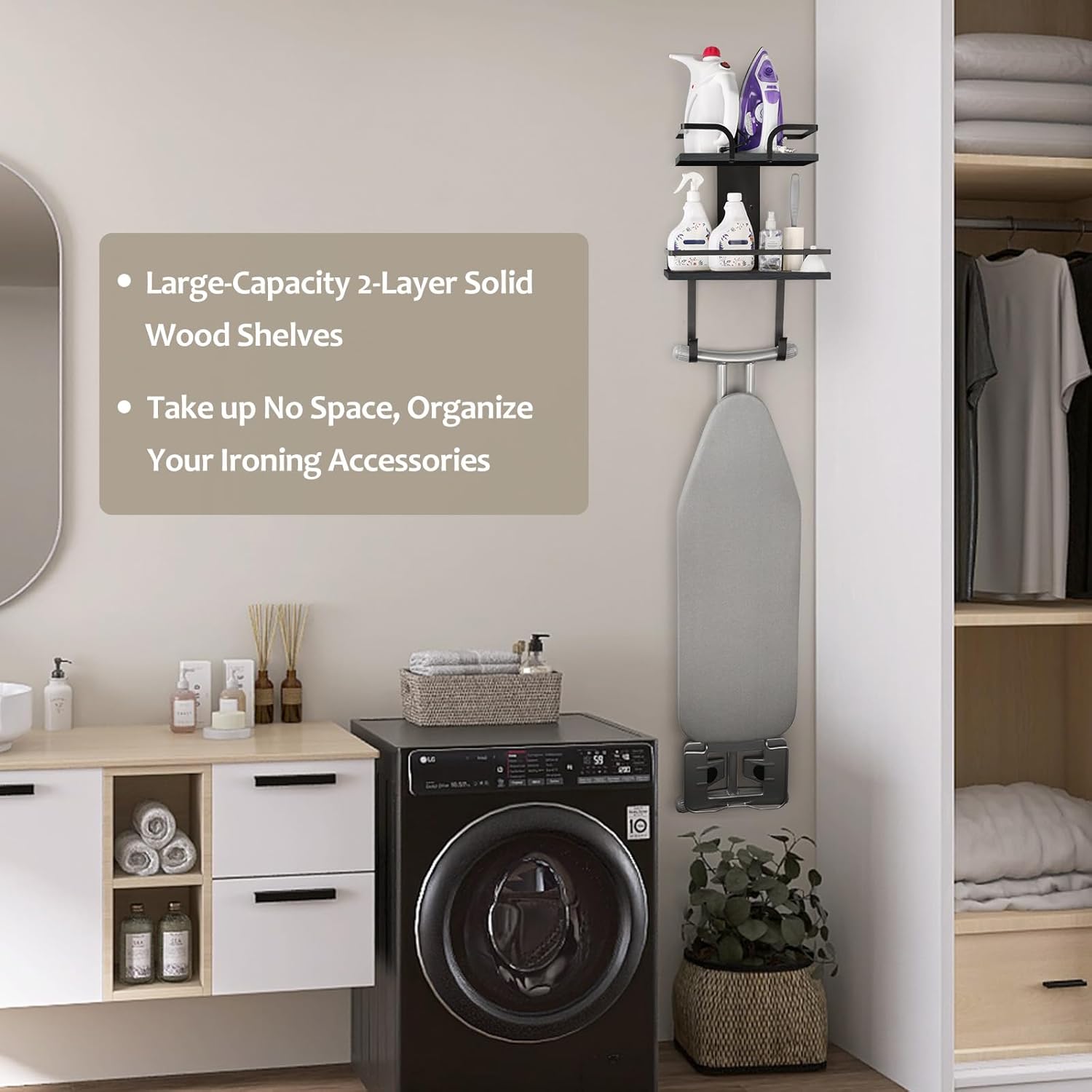 VINAEMO Ironing Board Hanger Wall Mount, 2-Layer Iron and Ironing Board Holder, Laundry Room Shelves Solid Wood with Removable Hooks Home Organization and Storage - NestledHome