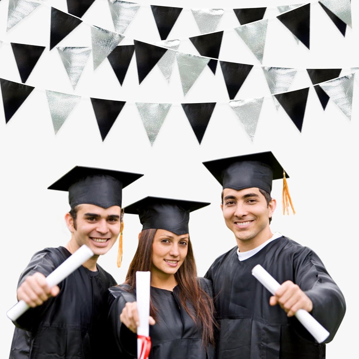 Black and Silver Party Decorations Triangle Pennant Banner Flag Metallic Fabric Bunting Garland for Birthday Graduation Retirement Wedding Bachelorette Bridal Shower Engagement Disco Party Supplies - NestledHome
