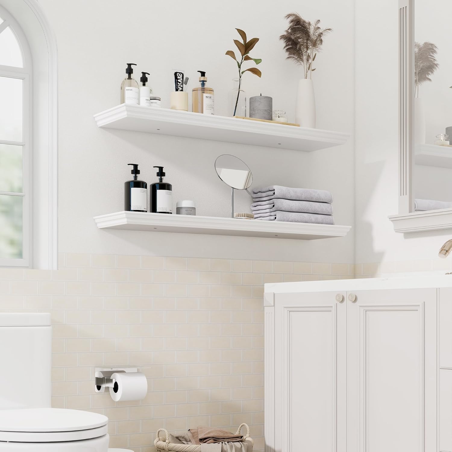 Floating Shelves for Wall, 36 Inch Long Wall Mounted White Hanging Shelf for Kitchen, Living Room, Office, Bedroom, Bathroom, Retro Vintage Wood Bookshelf for House Decor - NestledHome