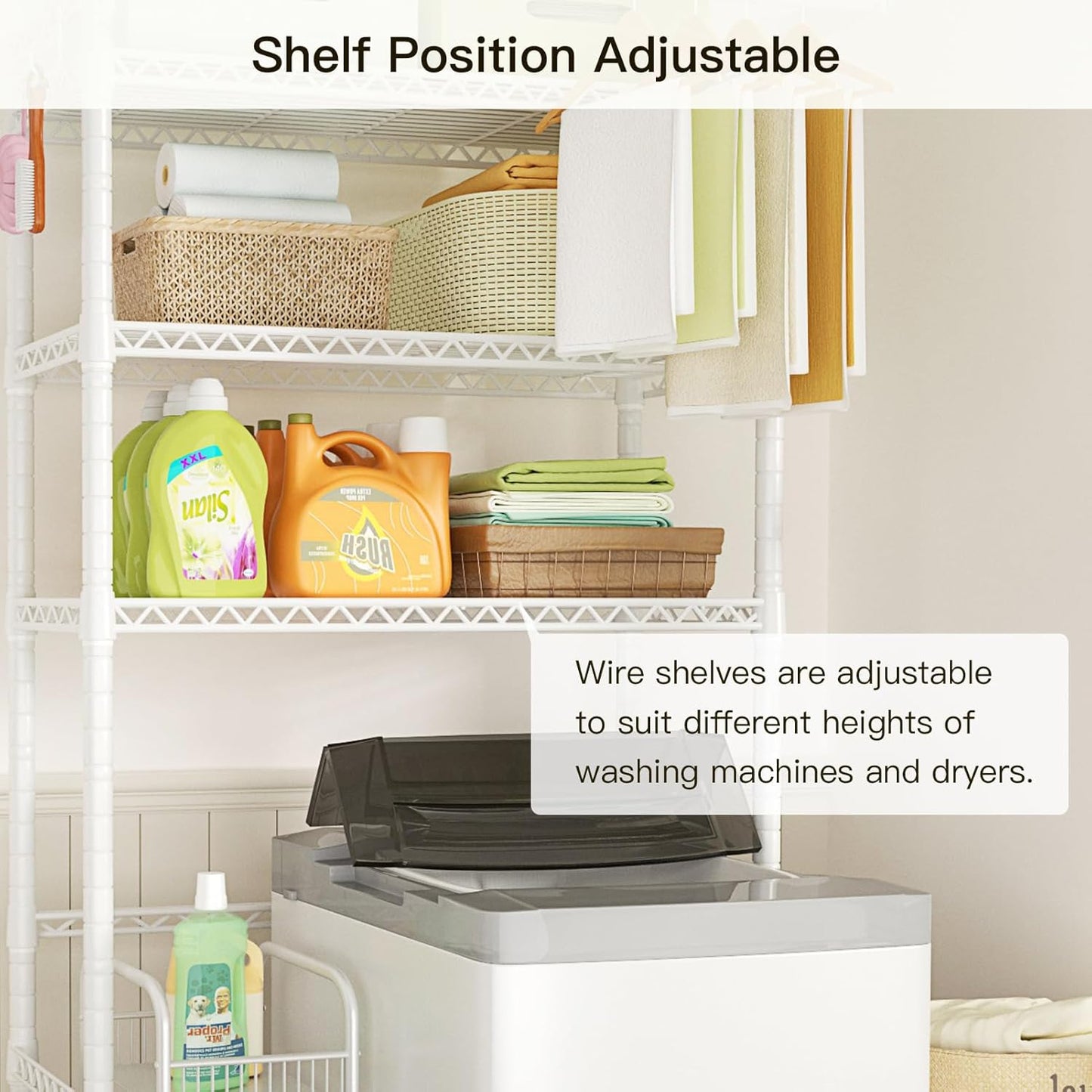 Ulif U11 Over Washer and Dryer Shelves, 3 Tiers Laundry Room Storage and Organizer Standing Shelf, Metal Freestanding Clothes Drying Rack, 33.9" W x 19.7" D x 77.6" H, White - NestledHome