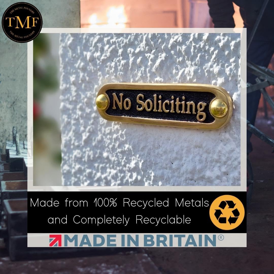 No Soliciting Brass Door Sign. Traditional Style Home Décor Wall Plaque Handmade By The Metal Foundry UK
