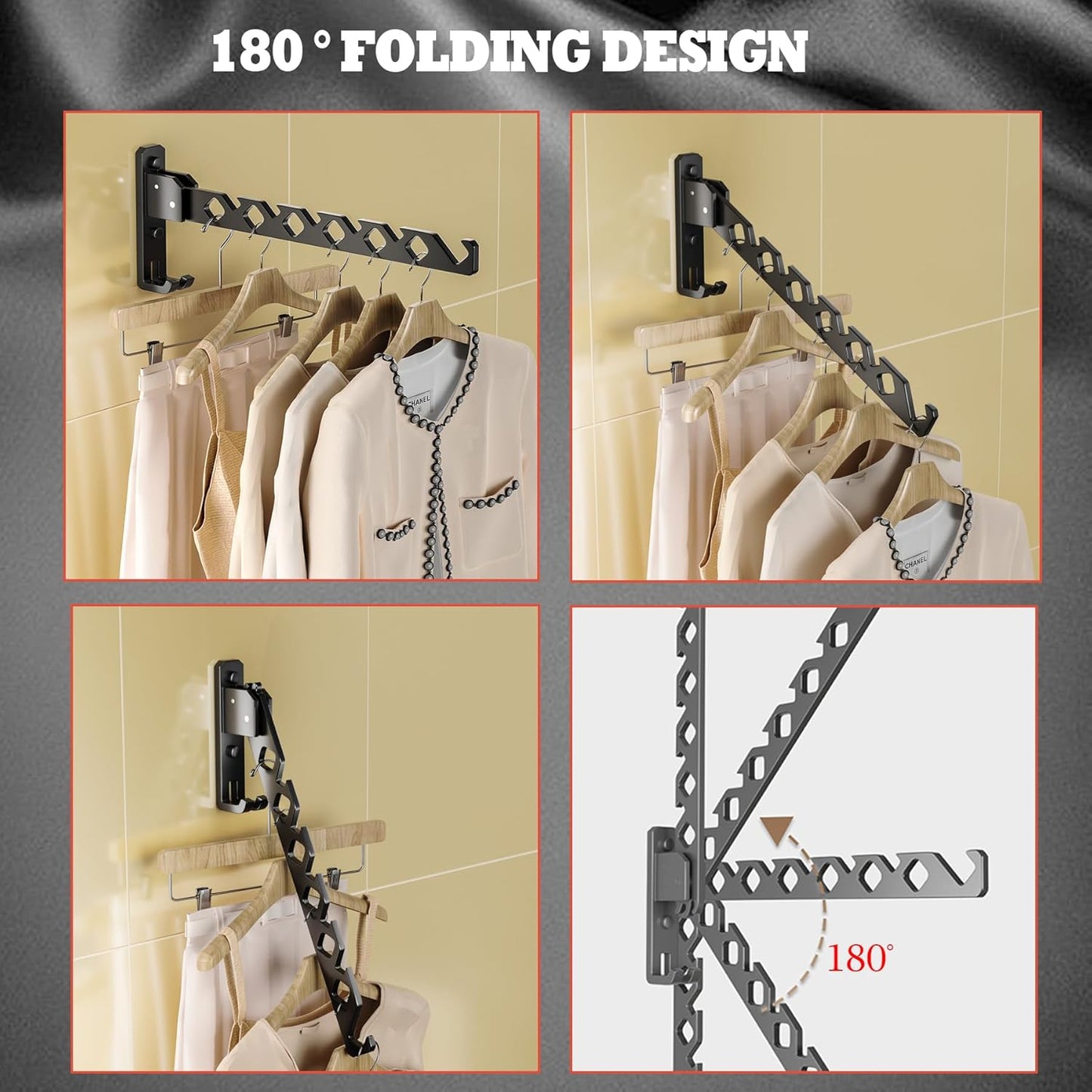 Dr.DJ Wall Mount Coat Hanger Holder Black Clothes Drying Organizer Rack Garment Hooks Aluminium Retractable Folding Indoor Wall Mounted Hanger for Laundry Room Bedroom Black 2Pack with 80cm Rod - NestledHome