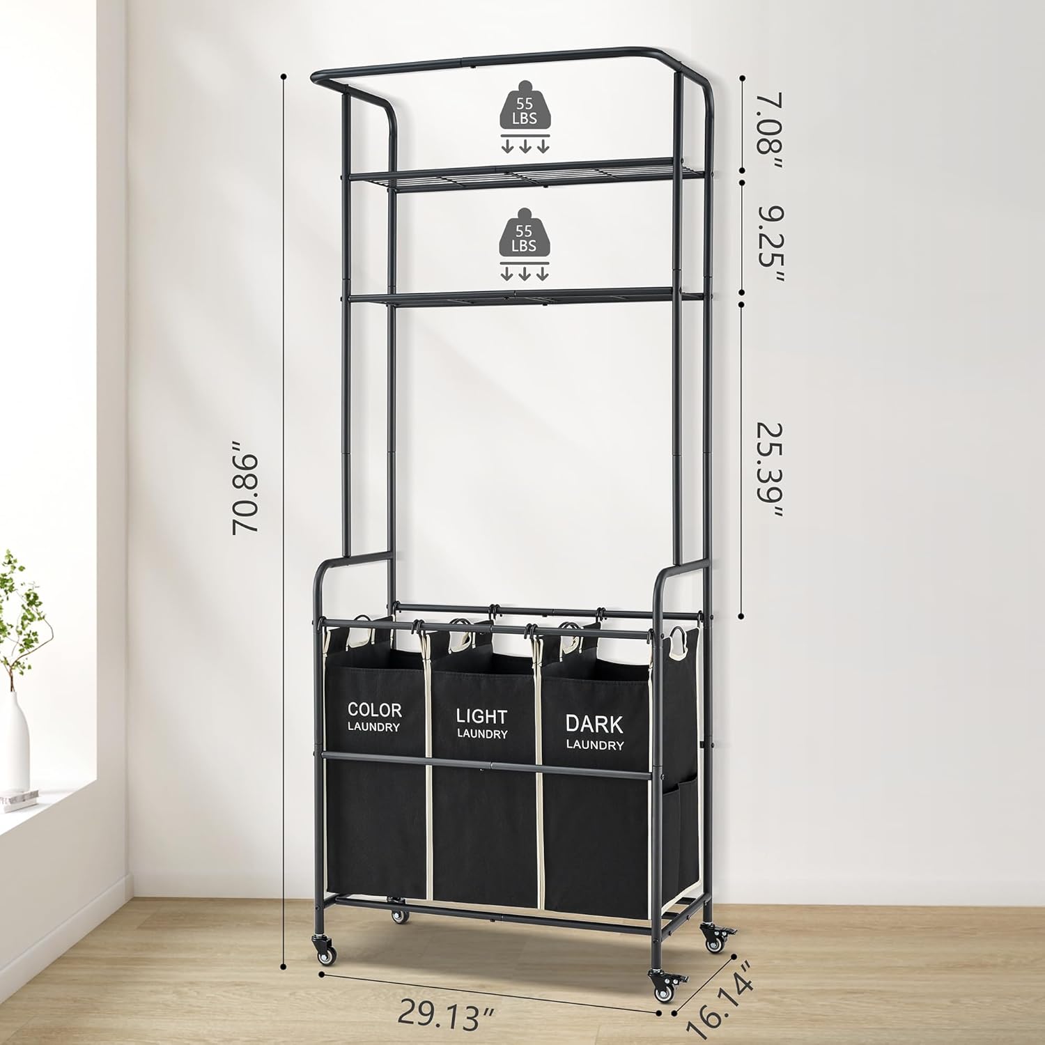 Laundry Sorter 3 Section,Laundry Hamper Cart with Hanging Rack & Removable Bags,Heavy Duty Laundry Basket with Wheels & 2 Tier Shelf,Space-Saving Laundry Basket Organizer for Laundry Room - NestledHome