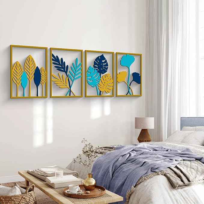 Glamativity Large 4 Pcs Colorful And Black Double-Sided Gold Leaf Metal Wall Art, 22.5 x 15.7'' Botanical Abstract Wall Décor Metal Leaf with Frame, 3D Textured Sculptures, Modern Wall Art With Ginkgo Biloba Design for Living Room Bedroom Bathroom Stud...
