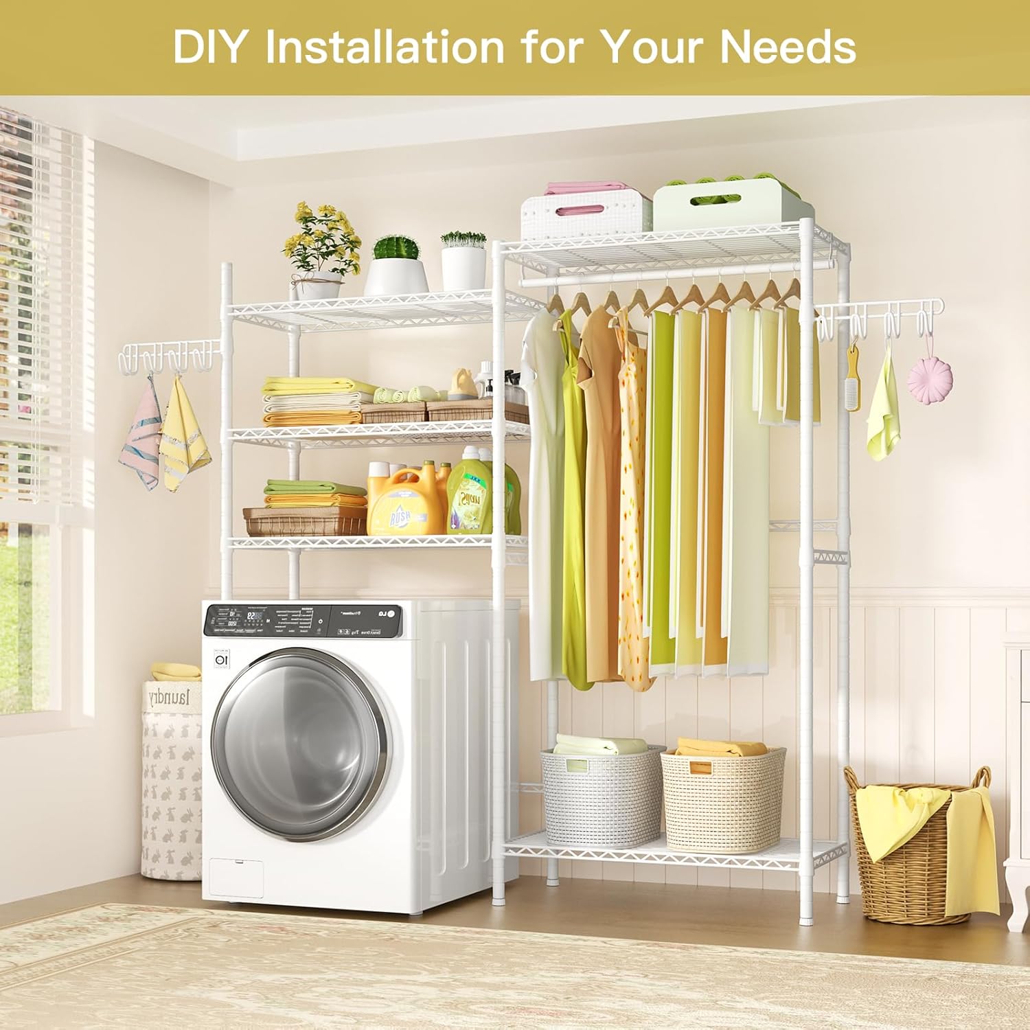 Ulif U5 Over the Washer and Dryer Storage Shelf, Laundry Room Space Saver Bathroom Storage and Organizer Rack for Hanging Towels and Drying Clothes with 5 Wire Shelves, 58.2"W x 13.4"D x 77.5"H, White - NestledHome