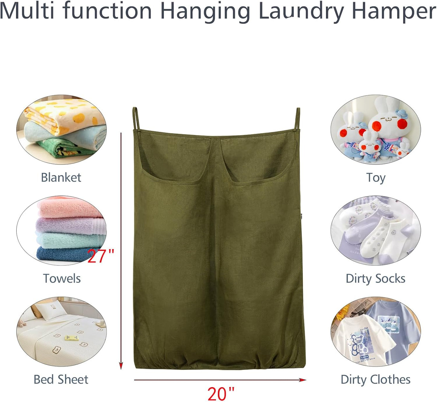 100% Pure Linen Dual Hanging Laundry Bag with 2 Deep Pocket and 2 Side Zipper 20x27in, Over The Door Laundry Hamper Space Saving Hampers for Dirty Clothes Home Travel, Green - NestledHome