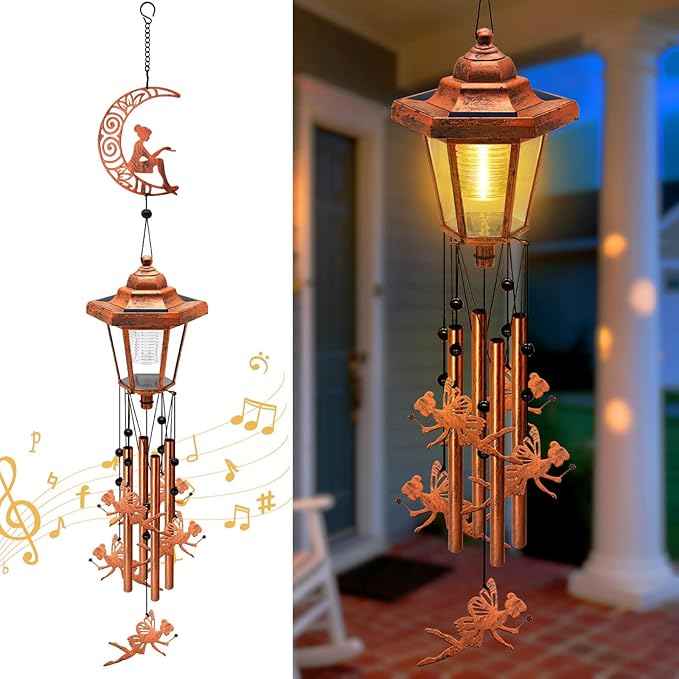 Large Solar Moon Fairy Wind Chimes, Gifts for Women Mom Grandma Wife Sister Daughter Neighbor, Classic Bronze Wind Chimes with Wind Catcher, Solar Decor Lights for Outdoor Garden Patio Porch Window