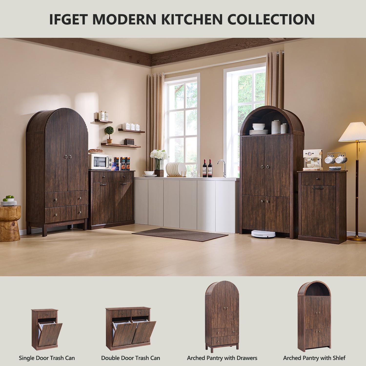 Modern Tilt-Out Trash Can Cabinet, 10 Gallon Fluted Laundry Hamper Cabinet with Drawers, Wooden Hidden Garbage Can Cabinets with Storage Basket, Free Standing for Kitchen and Living Room,Brown - NestledHome