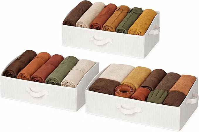 StorageWorks Closet Storage Bins, Trapezoid Organizer Box for Shelves, Fabric Clothes Bin, Foldable Organizing Baskets with Handles, Large, Mixing of Beige, White & Ivory, 3-Pack