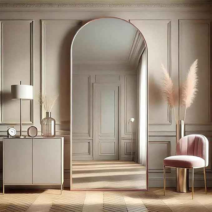 Rose Gold Mirror, 64"x21" Pink Body Mirror, Floor Standing, Full Length, Shatterproof, Arched