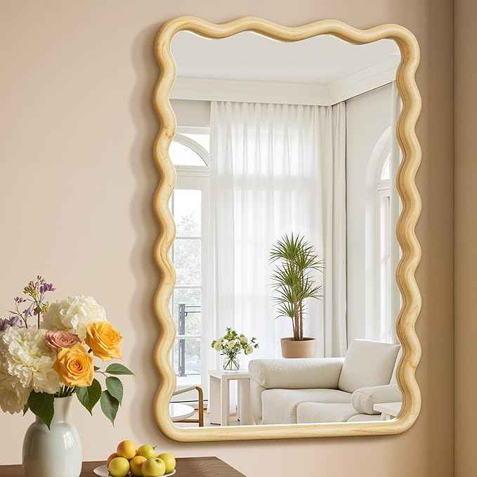 24x36 Wavy Wood Bathroom Vanity Mirror, Boho Wall Mirror with Natural Wood Frame for Over Sink, Entryway, Bedroom