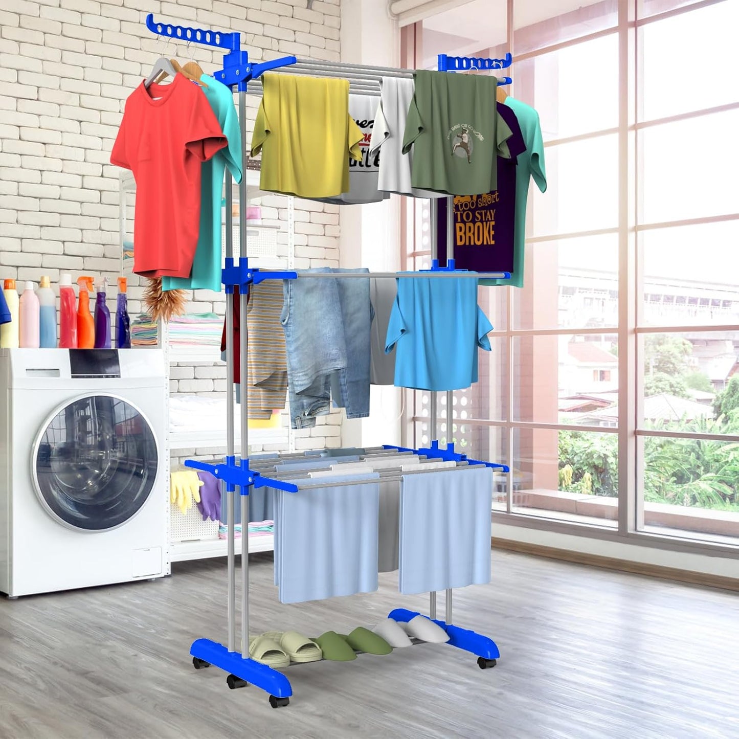 Bigzzia Clothes Drying Rack, 67.7 Inch Laundry Drying Rack with Foldable Base, 4 Tier Stainless Steel Drying Rack Clothing, Movable Laundry Rack for Indoor Outdoor-Blue - NestledHome