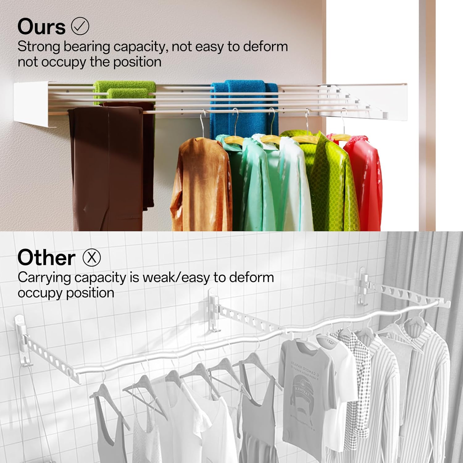 Wall Mounted Drying Rack for Laundry 40'', Folding Drying Rack Clothing Wall Mount with 5 Rods, Space Saving for Indoor Outdoor Bathroom Balcony (White, 40'') - NestledHome