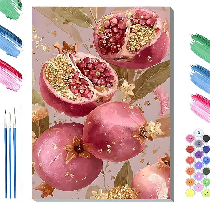 Paint by Numbers Kit for Adults Framed, Pink Pomegranates with Gold Accents, DIY Oil Painting, Pre-Printed Canvas Wall Art Home Decor Gift, 16x20inch Framed, 24 Colors