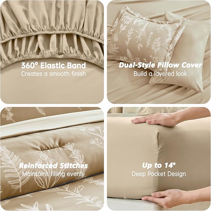 MUXHOMO Taupe Bed in a Bag King 7 Pieces, King Comforter Set Reversible Botanical Flowers Design, Ultra Soft & Breathable Bedding Sets with Comforter, Sheets, Pillowcases & Shams