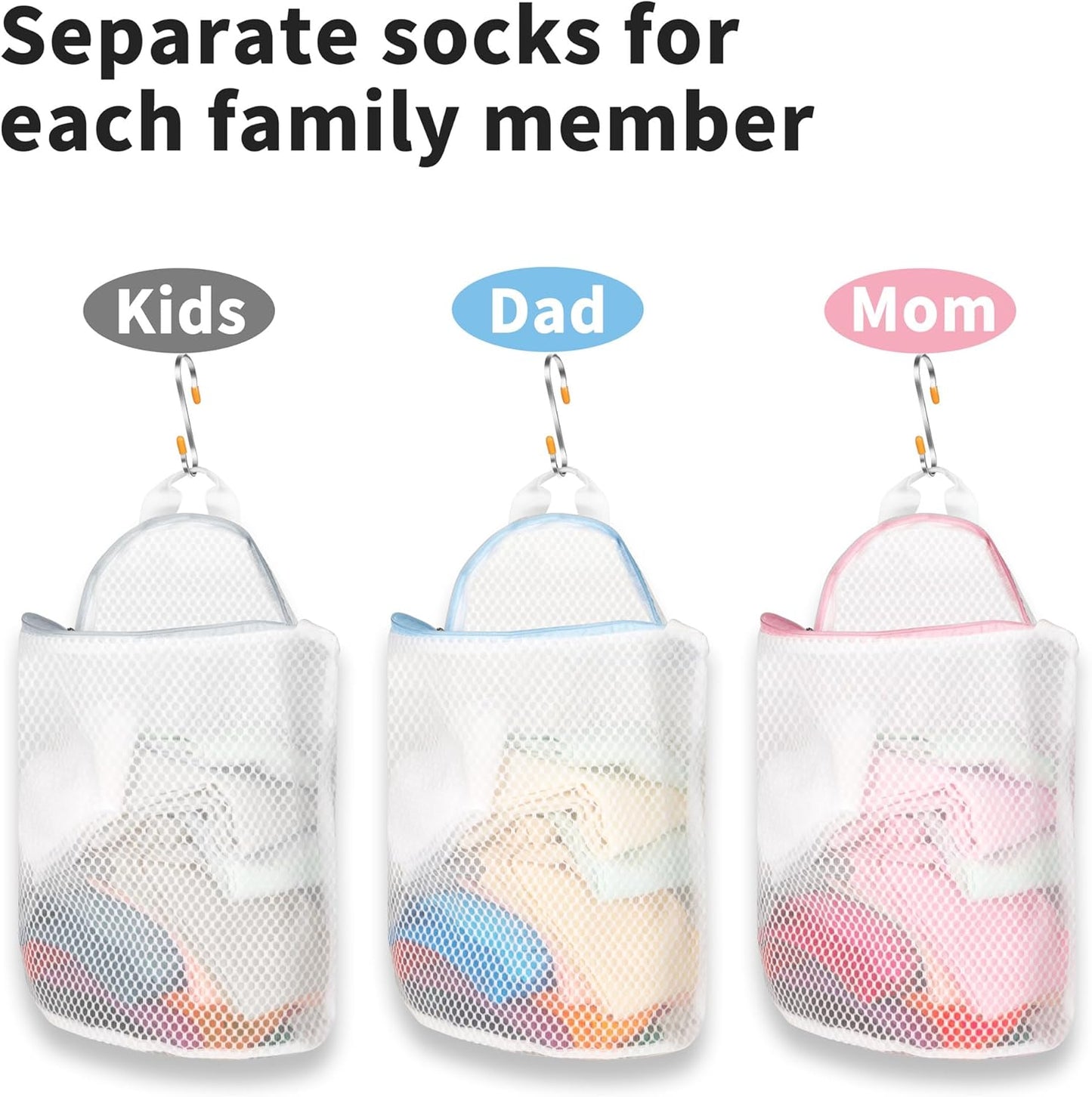 3Pcs Hanging Laundry Bags for Socks with S Hooks, 3 Color Mesh Laundry Bags for Washing Machine - NestledHome