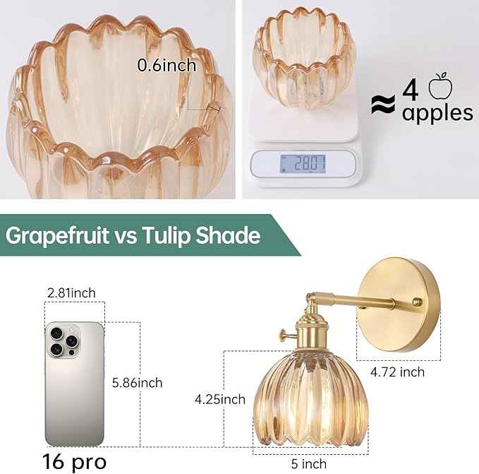 Vintage Wall Sconces with Amber Tulip Glass Lampshade 180 Degree Adjustable Brass Sconces Hradwired Modern Wall Lighting Fixture with Switch for Bedside Bedroom Doorway