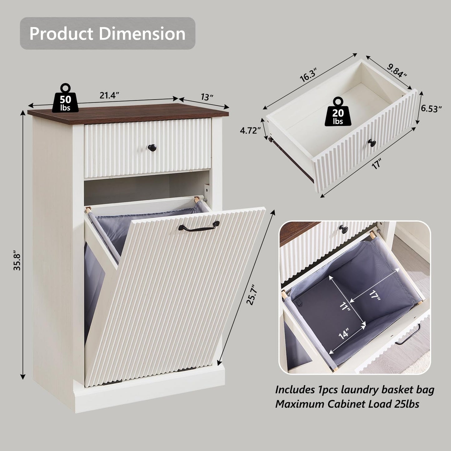 Modern Tilt-Out Trash Can Cabinet, 10 Gallon Fluted Laundry Hamper Cabinet with Drawers, Wooden Hidden Garbage Can Cabinets with Storage Basket, Free Standing for Kitchen and Living Room, White - NestledHome